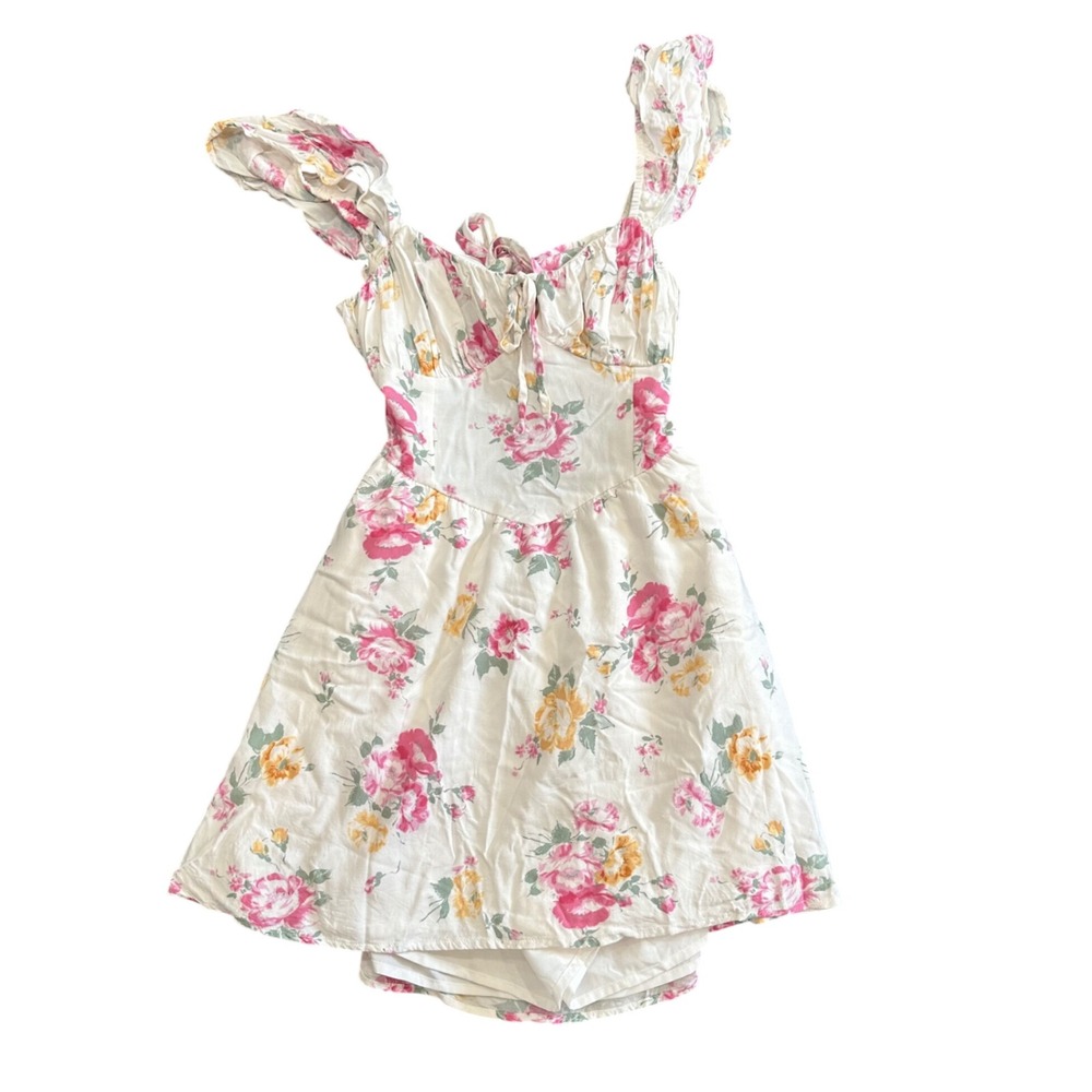 Hollister Floral Ruffle Sleeve Cut-Out Back Romper White Pink XS Petite